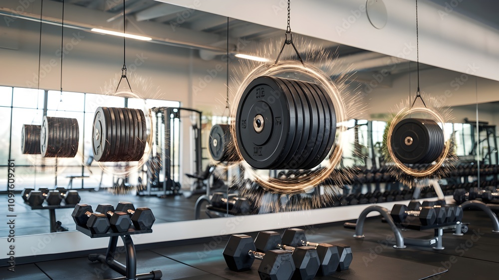 Obraz premium Gym with mirror wall, floating weights, glowing energy lines, and dumbbells