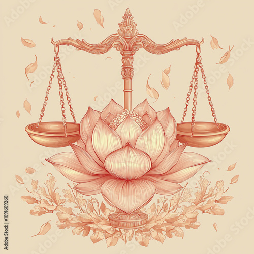 Scales of JusGraceful scales of justice adorned with a blooming lotus flower in a symbolic illustration.  
tice atop Intricate Lotus Flower Design photo