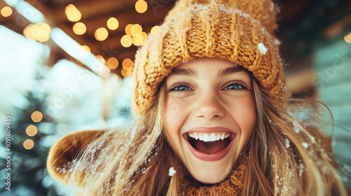 A young woman in a knitted hat and winter coat is beaming happily surrounded by golden festive lights, capturing the essence of winter joy. photo