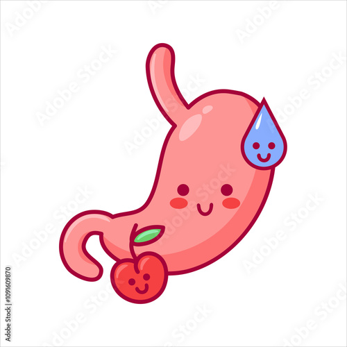 Stomach. Cute character in kawaii style. Organ of the digestive system. Healthy eating, drinking regime. Vector illustration, flat style. For sticker, books, design element. Medical brochure template.