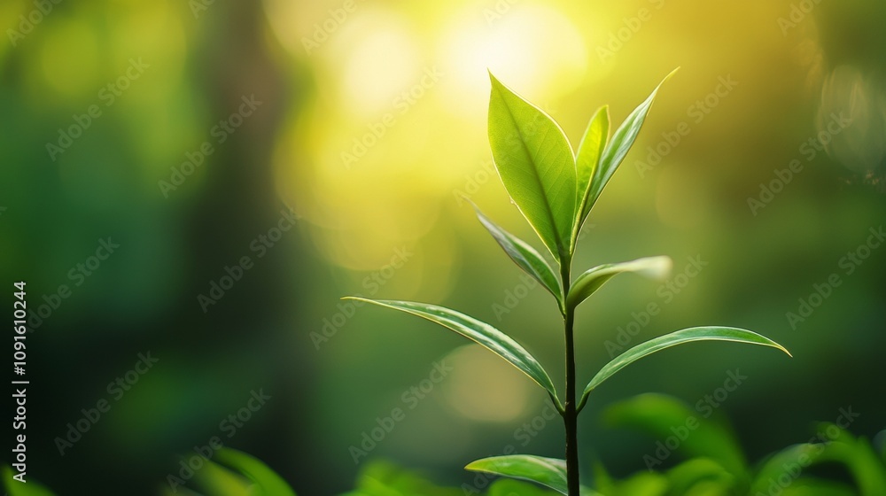 Young green plant in soft sunlight with blurred background Young green plant in soft sunlight with blurred background