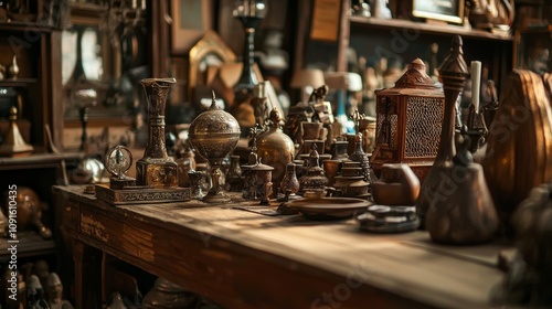 Antique brass items and collectibles in a vintage store photo