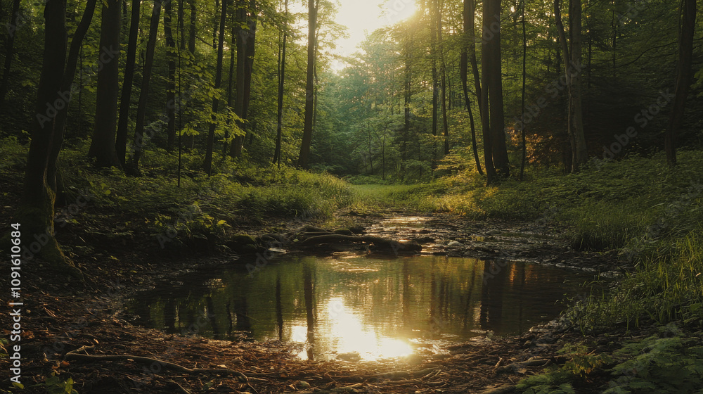 Fototapeta premium Serene Forest Stream: Sunlight, Tranquility, Nature, Peace, Woodland