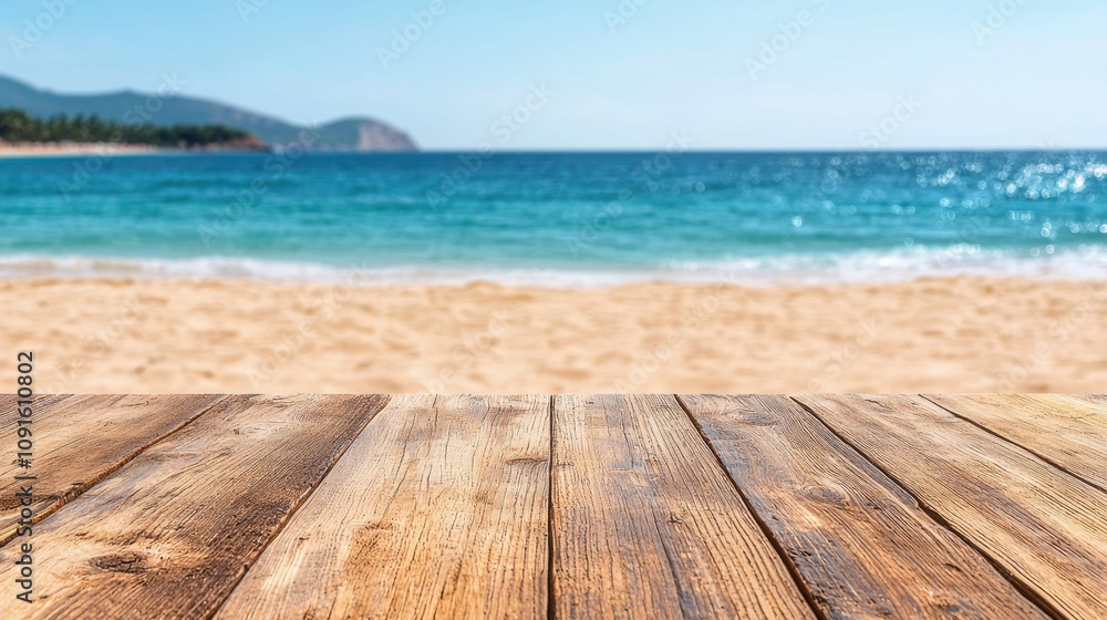 Fototapeta premium Summer Beach Vacation Wooden Tabletop Background