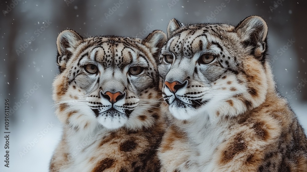 Obraz premium Close-up of two beautiful snow leopards in winter landscape