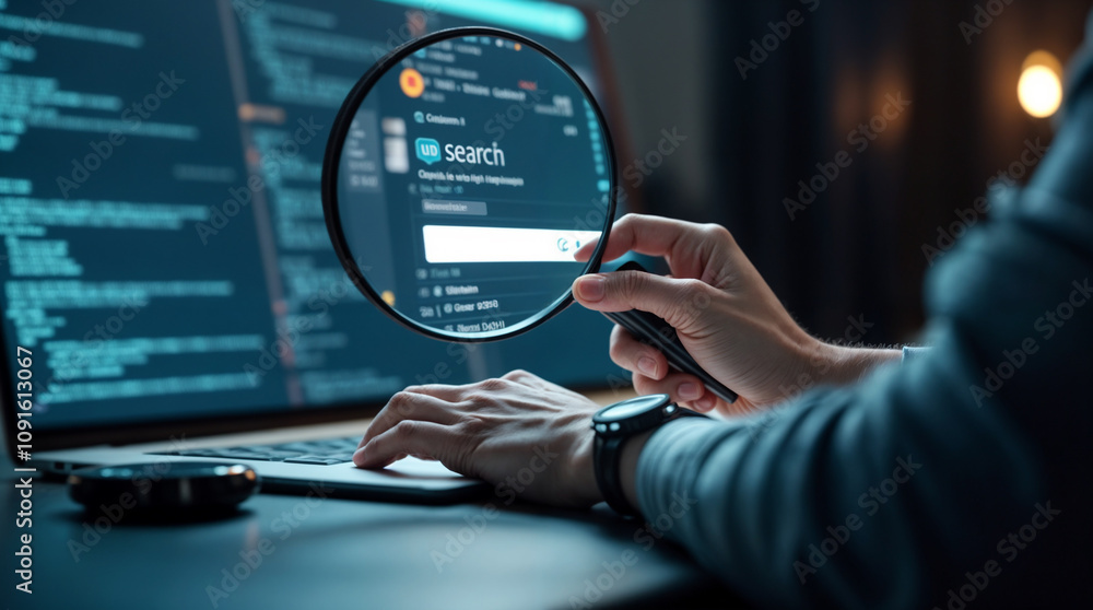 Dettaglio di una lente d'ingrandimento su interfaccia digitale e codice