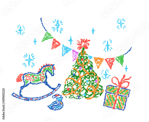 Christmas funny space area. Crayon, pastel chalk or pencil kids hand drawing sketch doodle tree style, gift box, rocking horse, bird, star, holiday. Cartoon flat bright scribble art scene design