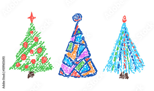 Christmas tree set. Like child's hand drawing crayon or pencil simple naive fir-tree. Kids creativity vector doodle joyful funny colorful innocent easy art Cartoon flat bright scribble homemade design