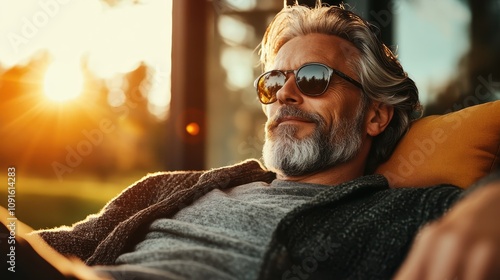 A stylish man with graying hair and sunglasses lounges in a golden sunset, enjoying peaceful moments with a casual gray sweater against a lush green backdrop. photo