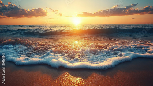stunning sunset over tranquil ocean, waves gently lapping shore
