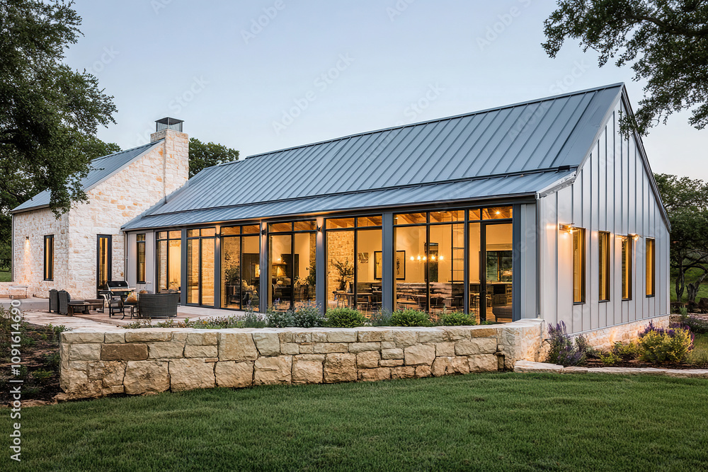 Obraz premium A modern farmhouse with an elegant blue-gray metal roof, featuring large glass windows and doors that open to the lush green backyard in Texas during summer.