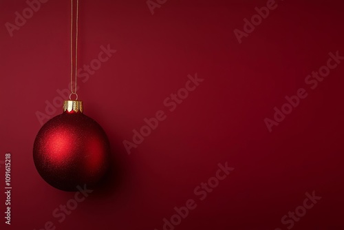 A vibrant red Christmas ornament hanging against a rich red background.