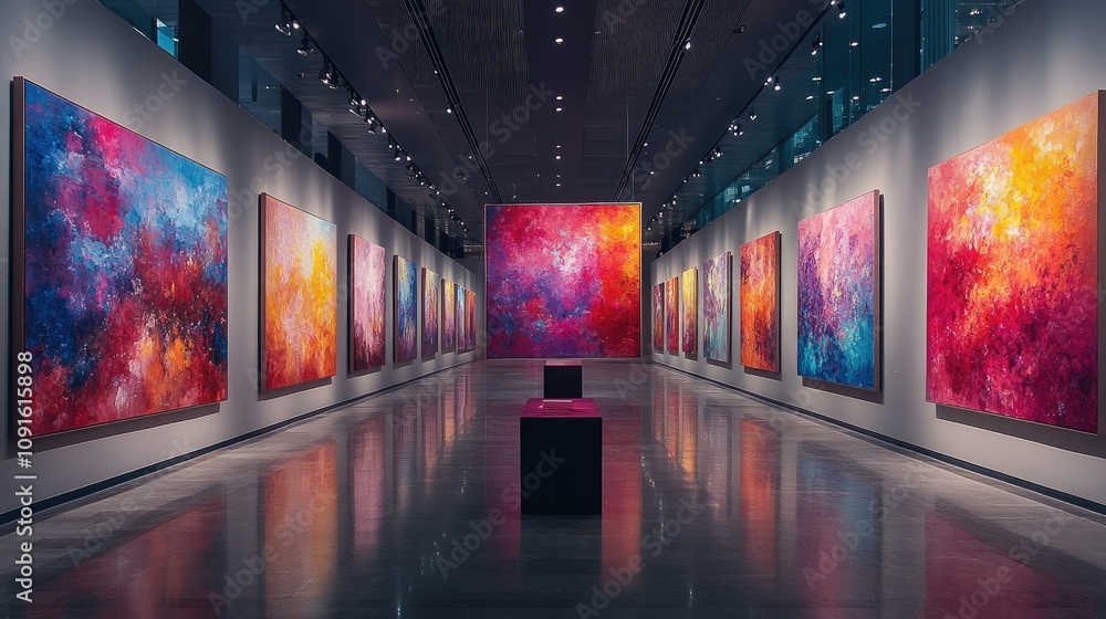 A vibrant art gallery showcasing colorful abstract paintings on display. A vibrant art gallery showcasing colorful abstract paintings on display.