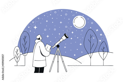 Astronomer observes objects in the night sky through professional telescope. Vector flat illustration