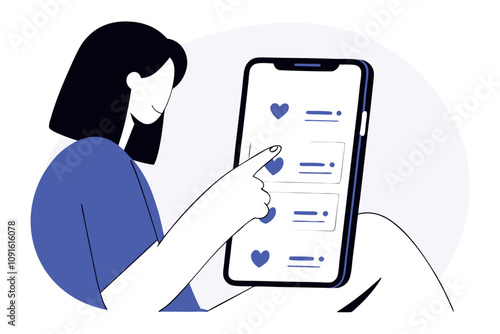 Girl collecting likes in social media. Social media addiction concept. Vector flat illustration