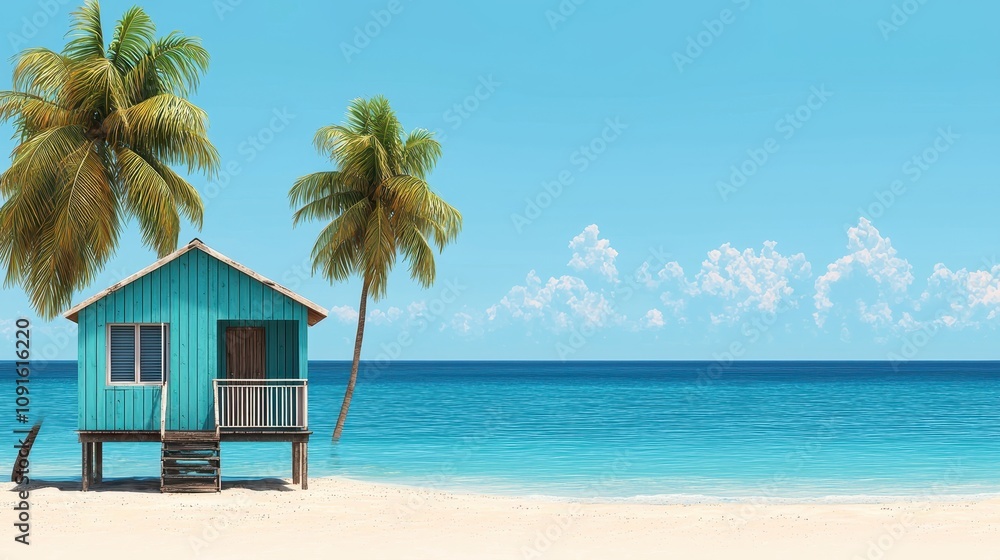Fototapeta premium Tropical Beach Cottage Sunny Ocean Paradise Escape