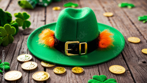 Festive green leprechaun hat with shamrocks and gold coins on a wooden table photo