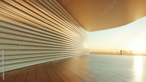 A futuristic interior balcony with sleek, minimalist design opens to a breathtaking cityscape at sunrise, offering a serene and hopeful start to a new day. photo