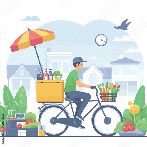 a food delivery boy is delivering food vector