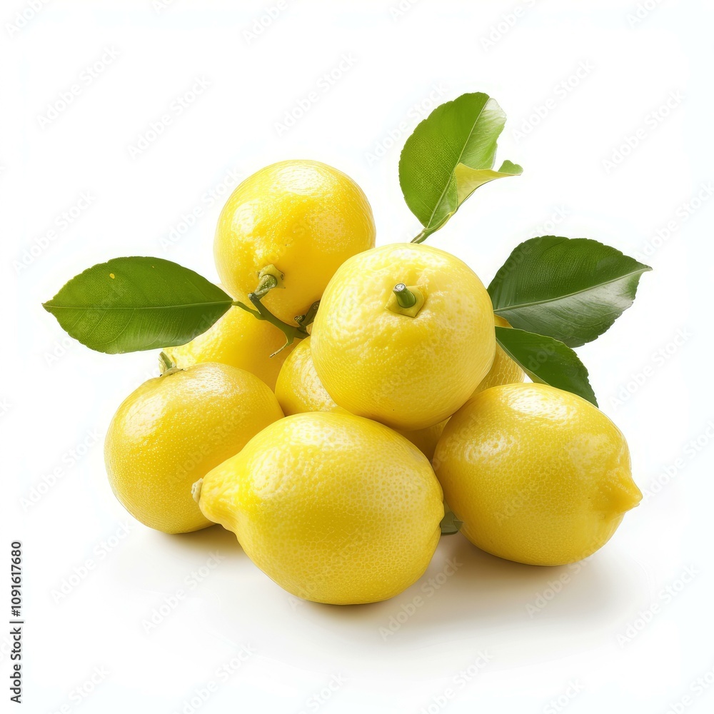 Fresh and juicy lemons with leaves forming a pile on a white background Fresh and juicy lemons with leaves forming a pile on a white background
