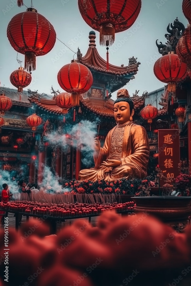 Naklejka premium Buddha statue surrounded by red lanterns and incense smoke