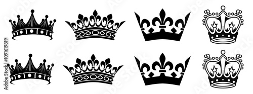 Crown vector, silhouette, icon. Crown icons, vector set. Crown symbol set. King, Princess crowns. Collection of crown silhouette, vector. Vector illustration.