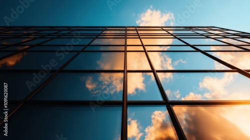 The image shows a tall glass skyscraper reflecting the warm colors of a sunset amid clouds, emphasizing modernity and architectural precision. photo