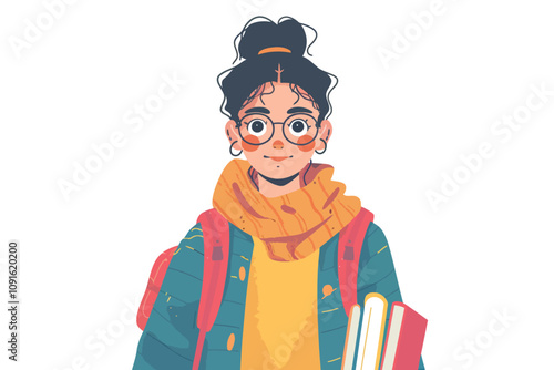 Joyful academic female with stylish glasses carrying isolated illustration