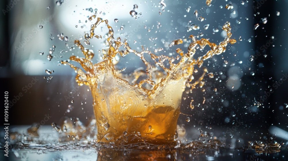 Dramatic splash of amber liquid in motion Dramatic splash of amber liquid in motion