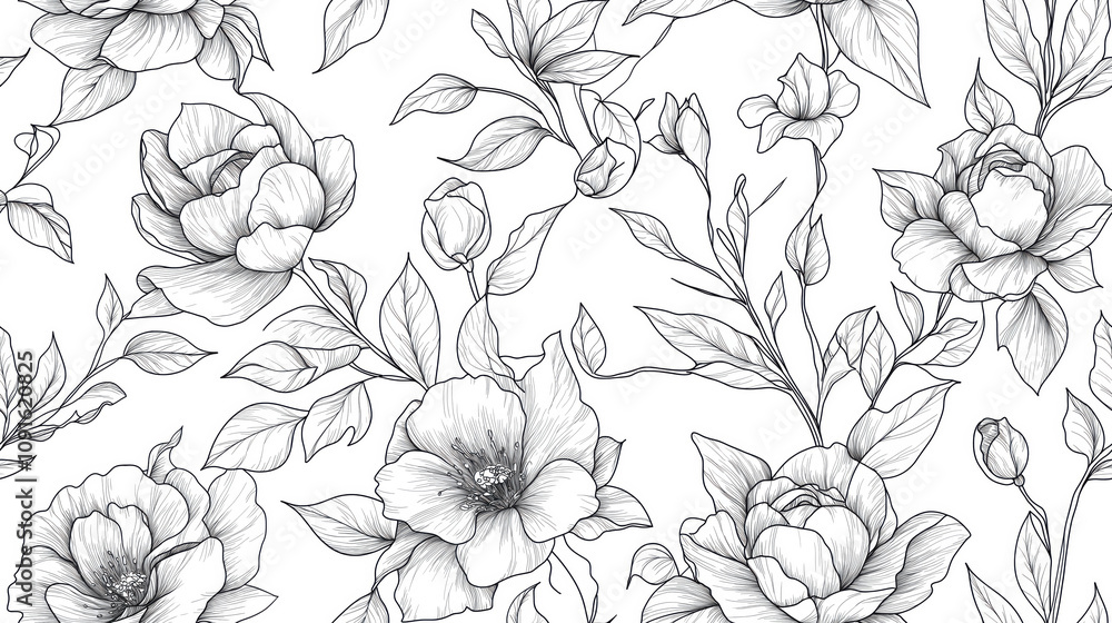 A black and white floral pattern with a white background A black and white floral pattern with a white background