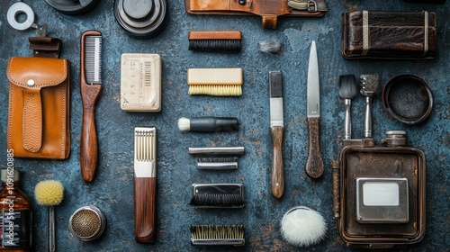 Vintage grooming tools and accessories in rustic layout photo