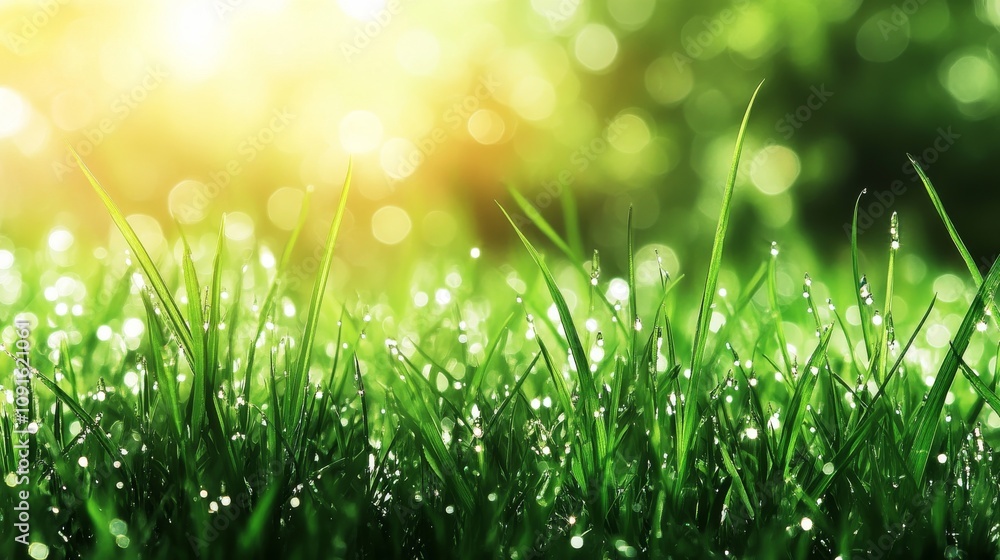 Obraz premium Dew Drops Glistening On Lush Green Grass Blades
