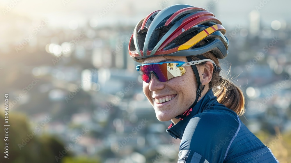 A smiling woman in cycling gear wearing a helmet and sunglasses set against a blurred cityscape background. A smiling woman in cycling gear wearing a helmet and sunglasses set against a blurred cityscape background.