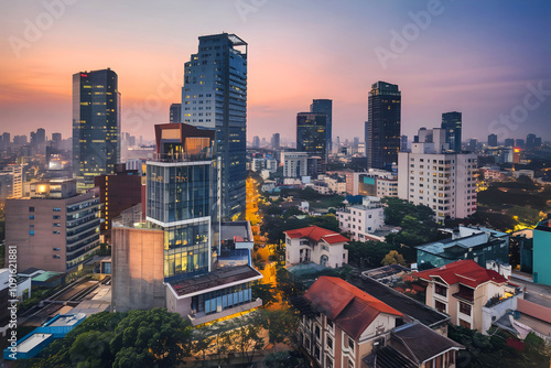 The cityscape of Hanoi at sunset on Pham Hung Street in the Cau Giay district photo