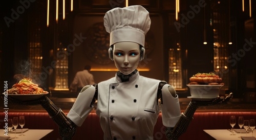 Chef Female robot cooking in restaurant, artificial intelligence, cinematic colors , advertising shooting , ultra detailed