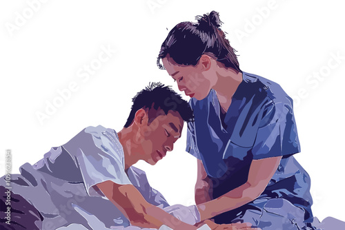 Nurse Comforting an asian man Patient isolated illustration