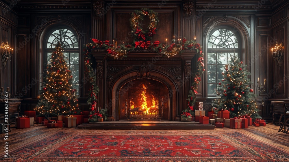 Obraz premium New Year's fireplace with a New Year's tree and gifts .Generative AI