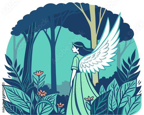 Fantasy Woman with Wings in Lush Foliage