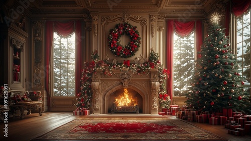 Wallpaper Mural New Year's fireplace with a New Year's tree and gifts .Generative AI Torontodigital.ca