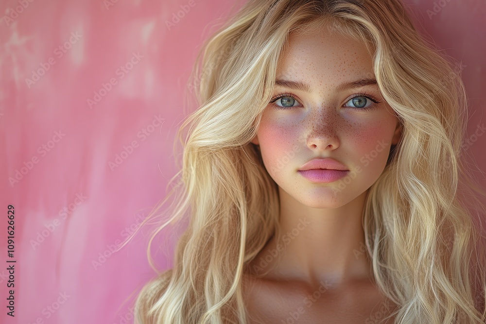 Fototapeta premium Portrait of a young blonde woman with freckles, looking directly at the camera against a vibrant pink background.