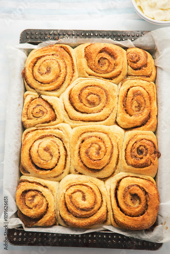 Cinnamon rolls. Traditional sweet baked goods. 