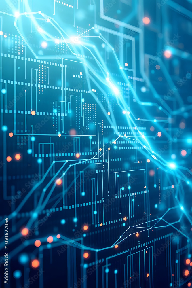 Obraz premium A close-up view of a digital circuit board with glowing blue lines and nodes, representing data flow and technology. The background features a dark blue gradient with abstract patterns.