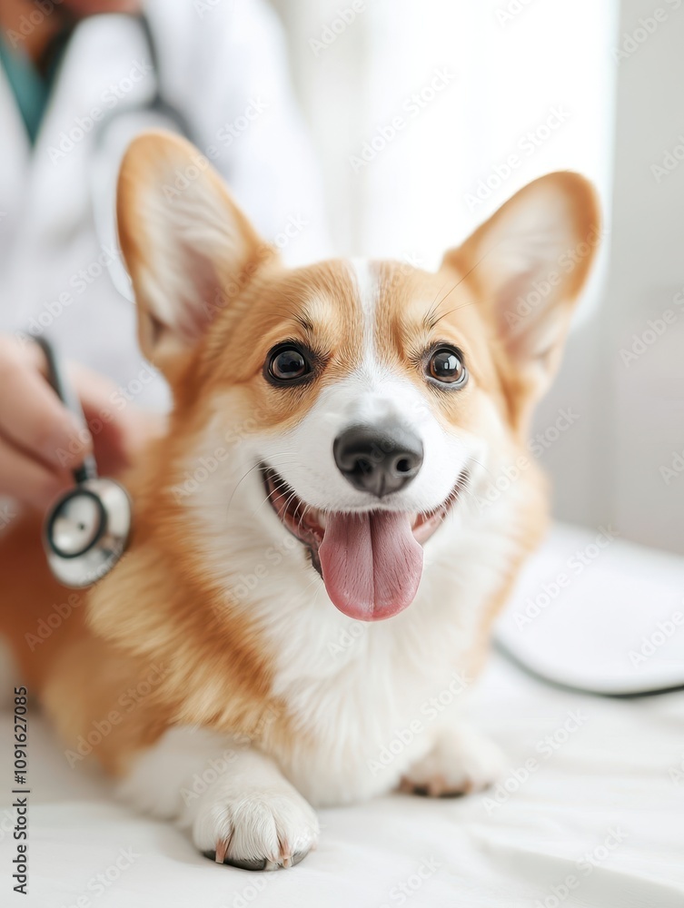 Full Body View of a Happy Corgi Being Checked by a Veterinarian with a Stethoscope During a Routine Health Examination in a Bright Room Full Body View of a Happy Corgi Being Checked by a Veterinarian with a Stethoscope During a Routine Health Examination in a Bright Room
