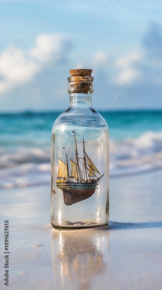 Obraz premium A delicate ship model inside a bottle rests on a sandy beach, capturing a sense of nautical adventure and tranquility.