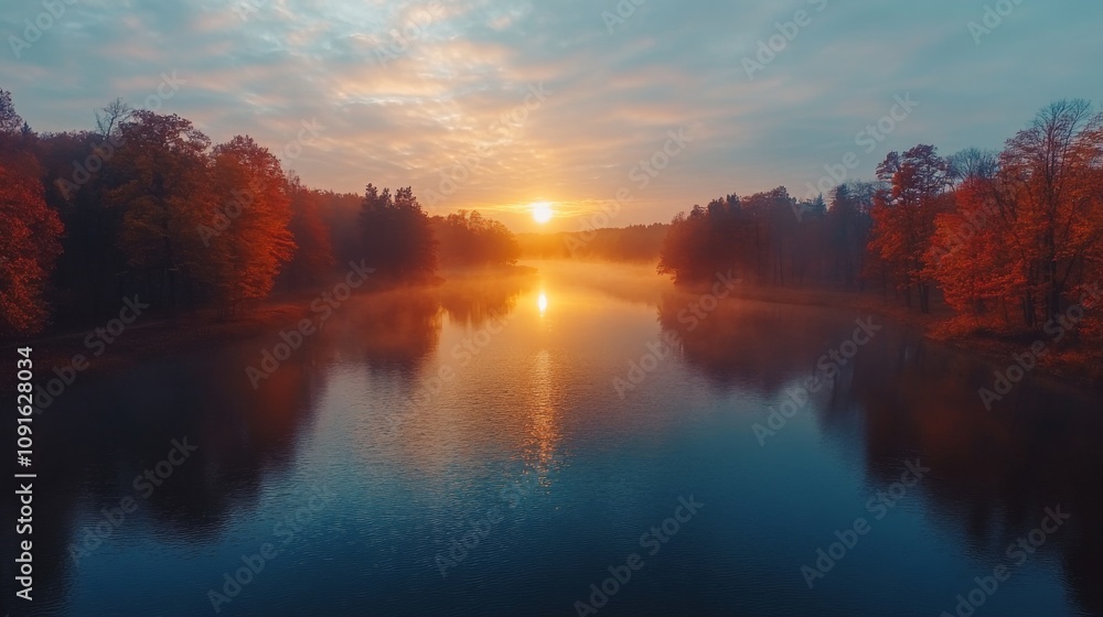 Fototapeta premium Autumn Sunrise Over Misty River And Colorful Trees