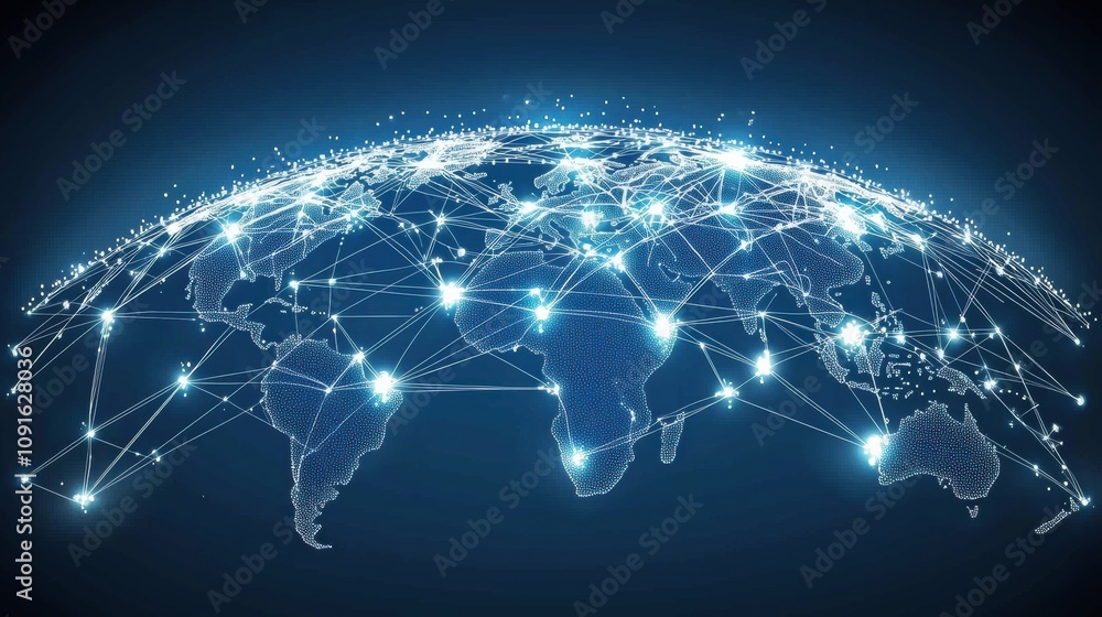 Fototapeta premium Abstract Representation of Global Connectivity Through Digital Networks with Illuminated Nodes and Lines Illustrating Data Flow Across Continents