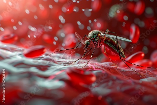 A close-up view captures a mosquito feeding on blood, surrounded by a backdrop of floating red blood cells, emphasizing intricate details and vivid colors. photo