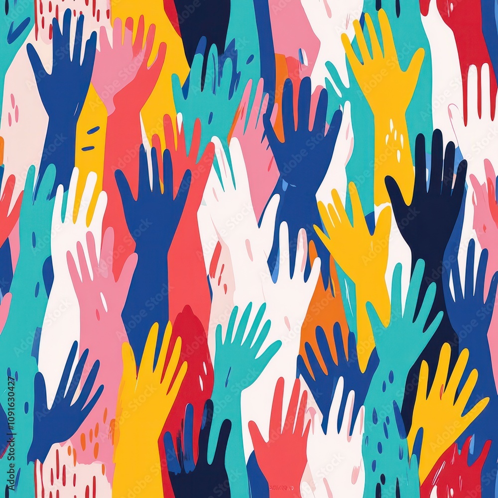 Fototapeta premium Diverse community unity: colorful open hands design symbolizing multiculturalism and togetherness, vector illustration of multiethnic people embracing diversity and inclusion