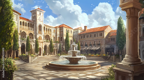 Renaissance-style town square featuring beautiful architecture and a central fountain. Renaissance Market Square. Illustration photo