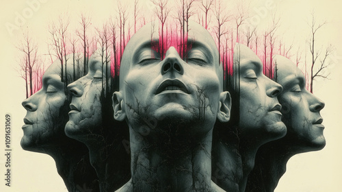 Surreal artistic composition showing multiple gray faces in profile and front view, merged with bare winter trees against a pink sky, creating a haunting double exposure effect.